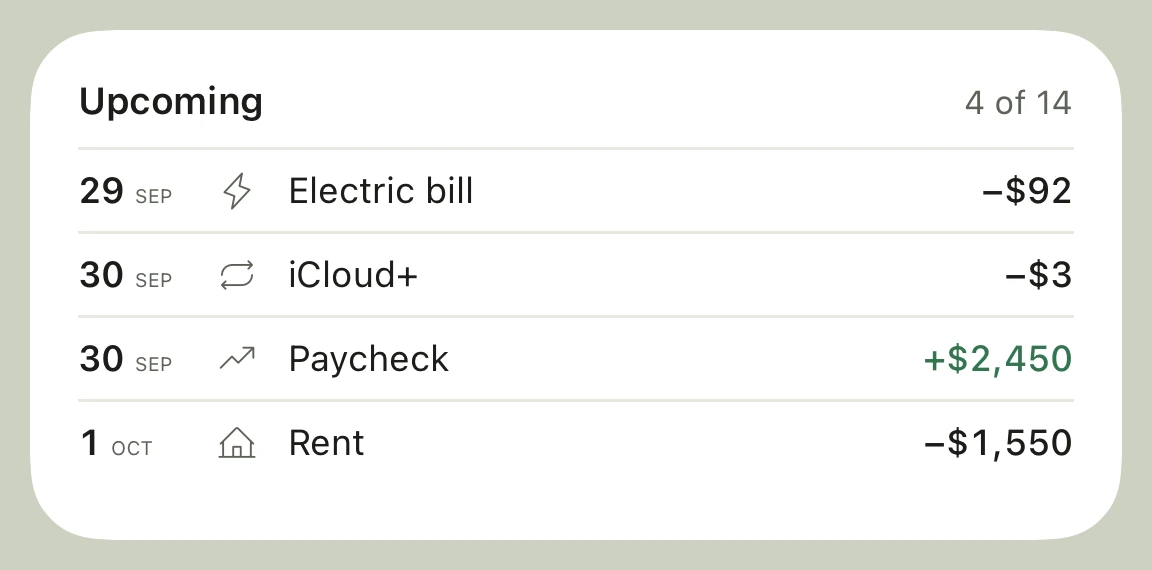 Chirp Upcoming widget showing scheduled bills and income